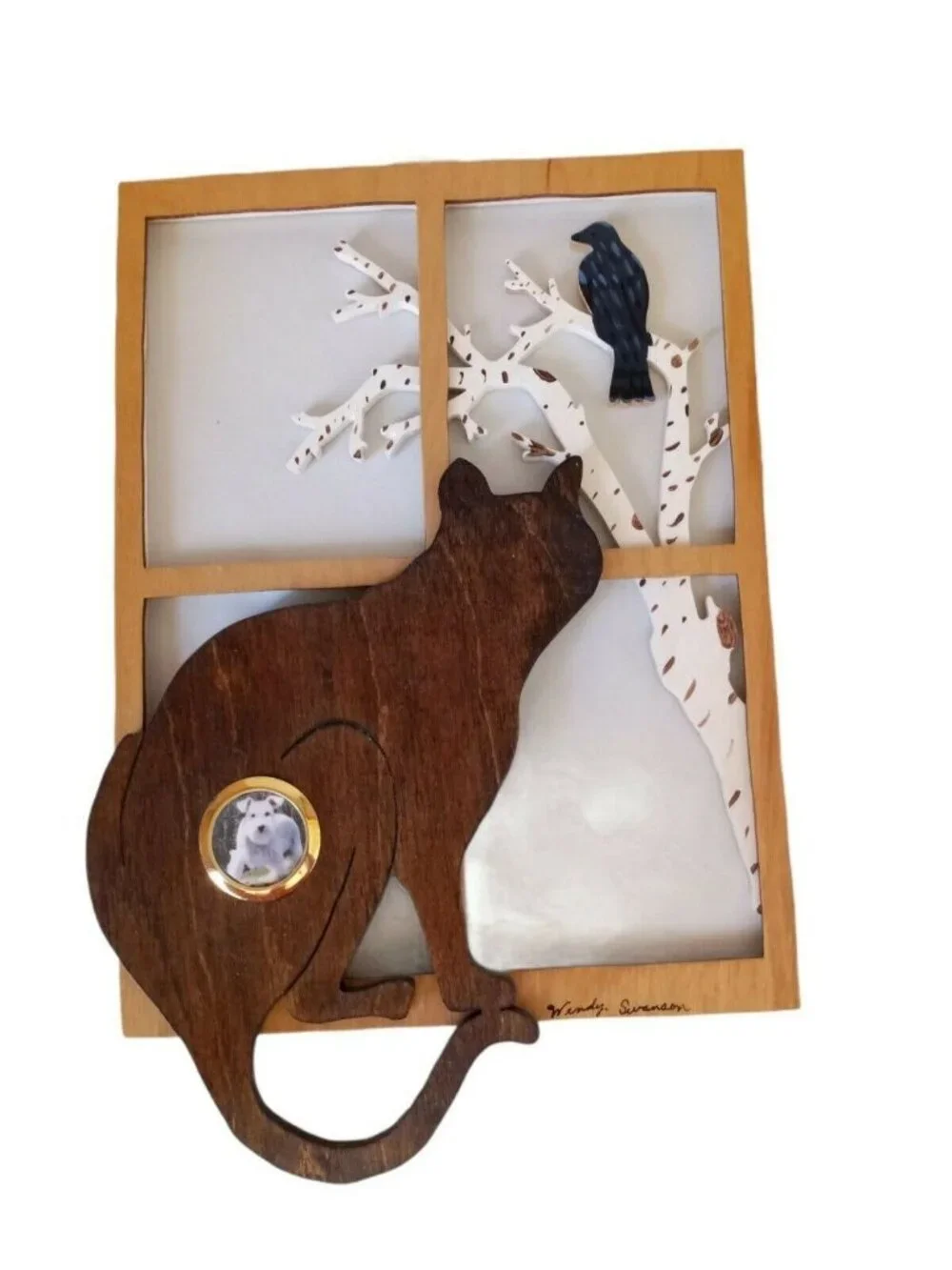 Handmade Wood Cat & Bird Wall Plaque Picture Frame Rustic Decor Artisan Design